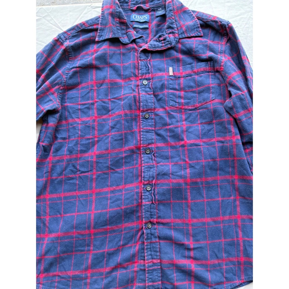 Lumberjack Mens Chaps Flannel Button Down Shirt L Navy Blue Red Plaid
